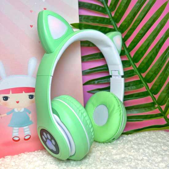 Bezvadu bluetooth austiņas ar mirdzošām kaķu ausīm un Pop-it, Zaļas Bezvadu bluetooth austiņas ar mirdzošām kaķu ausīm un Pop-it, Zaļas