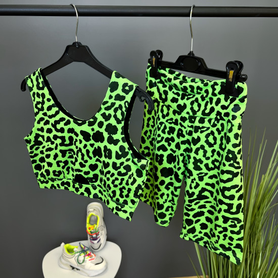 Sporta komplekts tops un legingi Zaļi ar leoparda pintu